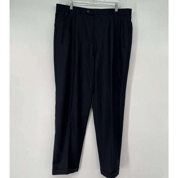 Corneliani Mens Dress Pants Sz L 37x32 Black Striped 100% Extra Fine Virgin Wool - Picture 1 of 10